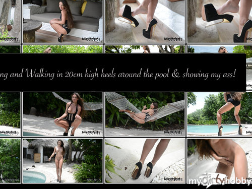 teasing and walking in extreme arched 20cm high heels around pool.